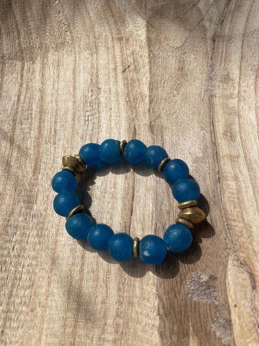 Handmade Recycled Glass Beaded Stretch Bracelet TRUE BLUE