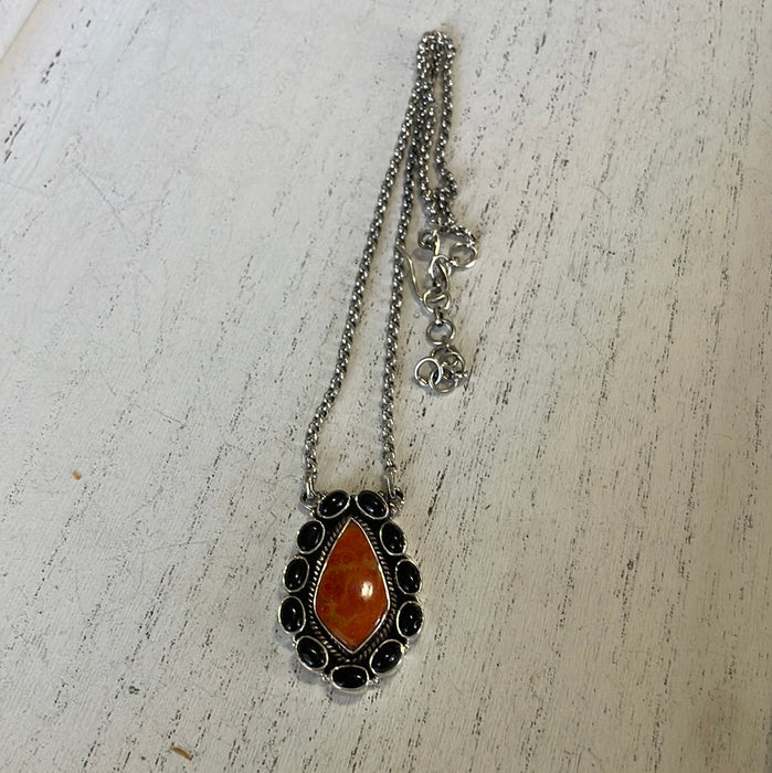 Handmade Sterling Silver, Onyx & Orange Mojave Necklace Signed Nizhoni