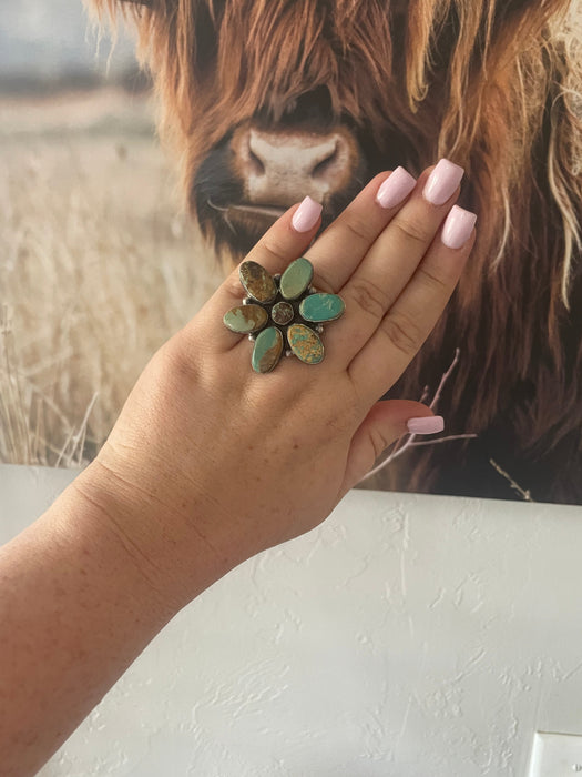 Navajo Jacqueline Silver & Royston Turquoise Flower Ring Size 8.5 Signed - Culture Kraze Marketplace.com