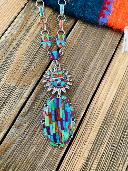 Gorgeous Handmade Sterling Silver & Multi Stone Inlay Kachina Necklace