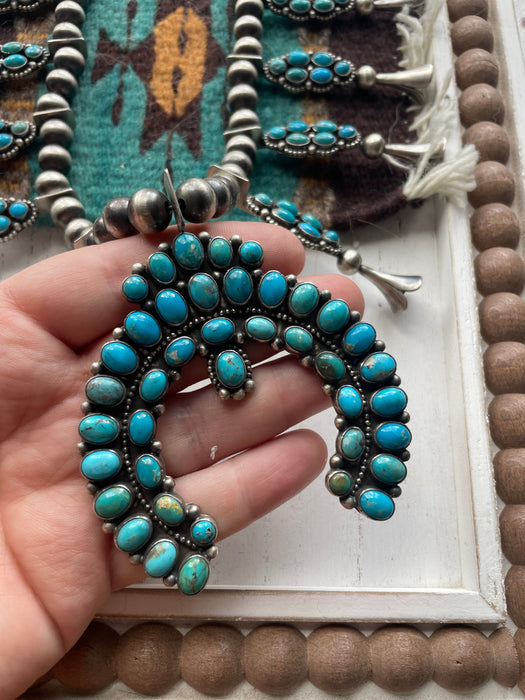 Navajo Royston Turquoise & Sterling Squash Blossom Set Signed