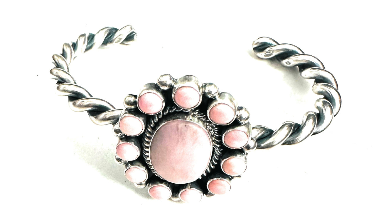 Navajo Queen Pink Conch Shell & Sterling Silver Cluster Cuff Bracelet