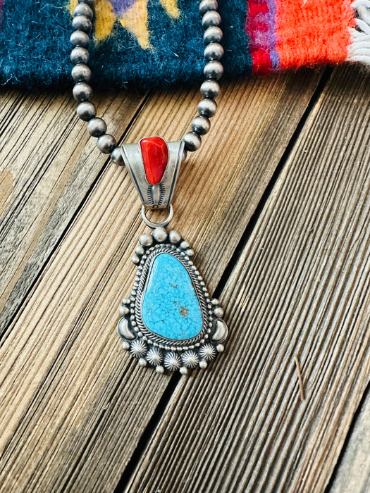 Navajo Sterling Silver, Turquoise & Coral Beaded Necklace