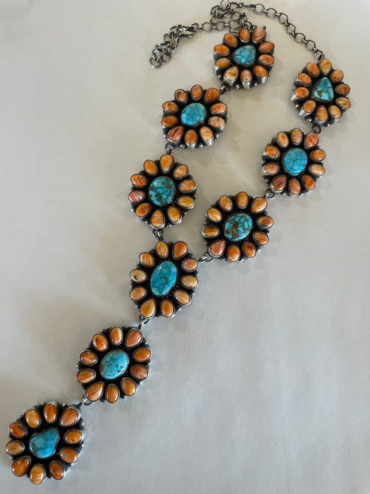 Navajo Sterling Silver Turquoise & Orange Spiny Necklace