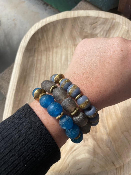 Handmade Recycled Glass Beaded Stretch Bracelet TRUE BLUE