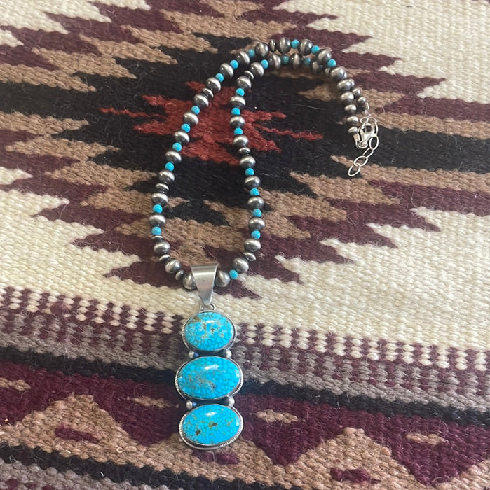 Beautiful Navajo Sterling Silver Beaded Turquoise Necklace With Pendant Signed Kathleen G - Culture Kraze Marketplace.com