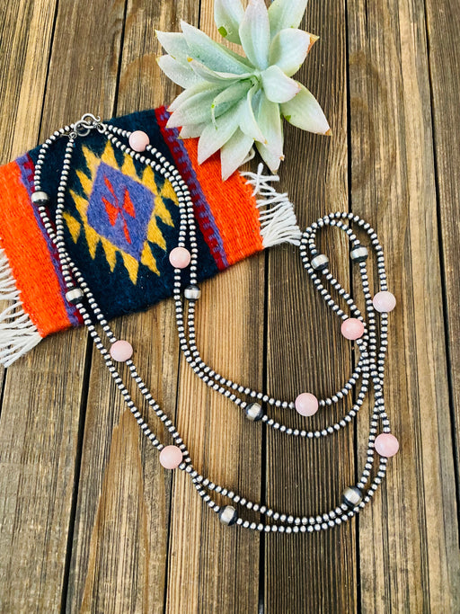 Navajo Sterling Silver Pearl, Turquoise & Queen Pink Conch Beaded Necklace 72” - Culture Kraze Marketplace.com