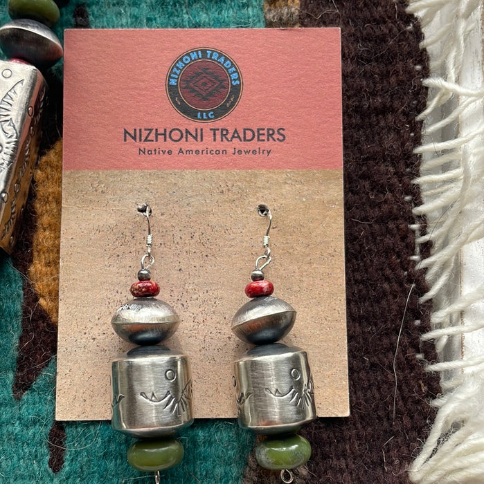 Navajo Beaded Muli Stone Hand Stamped Sterling Silver Necklace Earrings Set Signed Sophia Becenti - Culture Kraze Marketplace.com