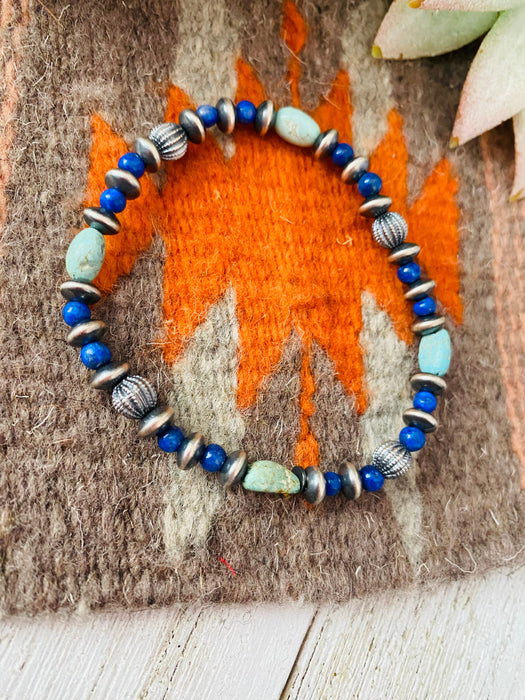 Handmade Turquoise, Lapis & Sterling Silver Beaded Stretch Bracelet