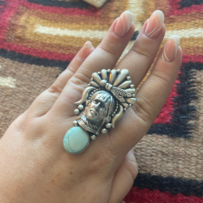Beautiful Navajo Sterling Silver & Turquoise Chief Adjustable Ring Signed Russell Sam - Culture Kraze Marketplace.com