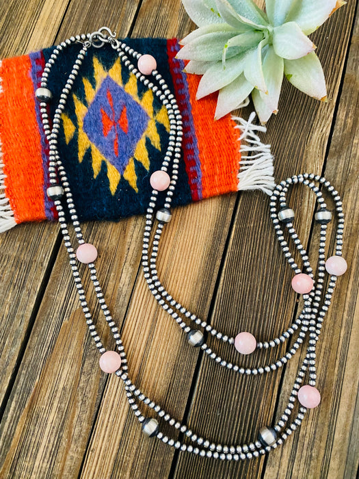 Navajo Sterling Silver Pearl, Turquoise & Queen Pink Conch Beaded Necklace 72” - Culture Kraze Marketplace.com