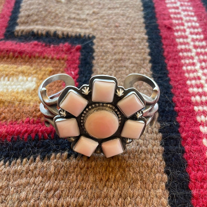 Navajo Queen Pink Conch Shell & Sterling Silver Cluster Cuff Bracelet Signed F.L Begay