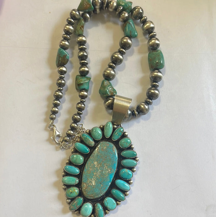 Beautiful Navajo Sterling Silver Beaded Turquoise Necklace With Pendant Signed Ella Peter - Culture Kraze Marketplace.com