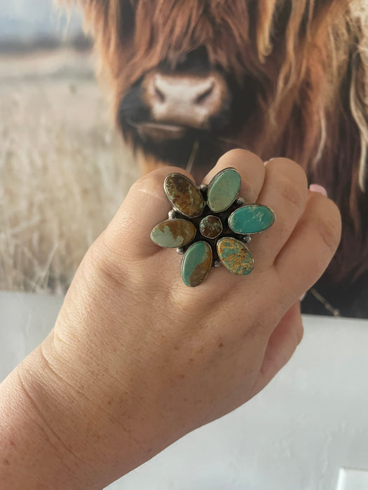 Navajo Jacqueline Silver & Royston Turquoise Flower Ring Size 8.5 Signed - Culture Kraze Marketplace.com