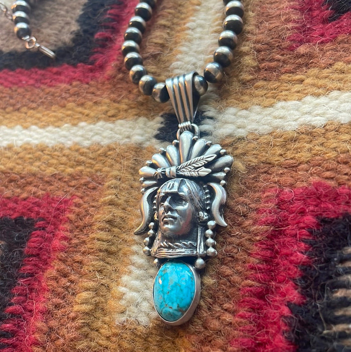 Beautiful Navajo Sterling Silver & Turquoise Chief Pendant Signed Russell Sam - Culture Kraze Marketplace.com