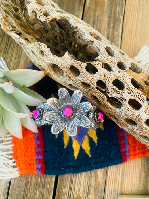 Navajo Pink Opal & Sterling Silver Flower Cuff Bracelet