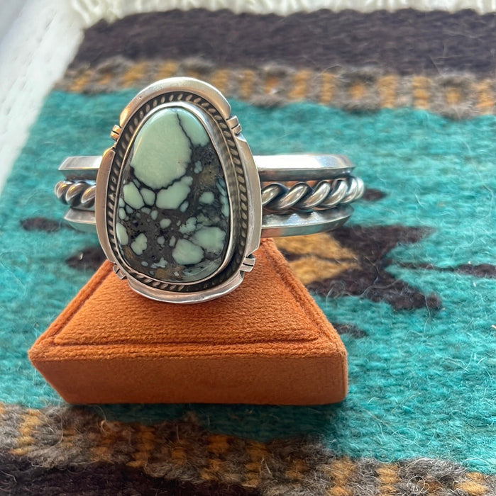 Beautiful Navajo New Lander Turquoise & Sterling Silver Cuff Bracelet Signed