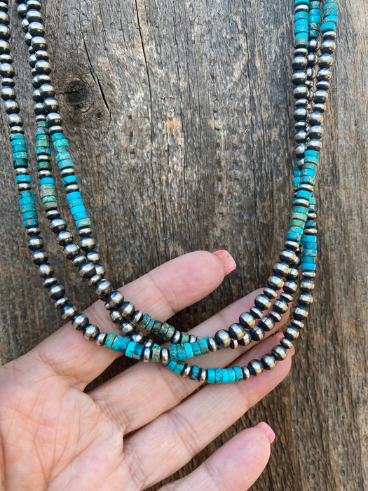 Navajo 3 Strand Kingman Turquoise & Sterling Beaded 18 inches