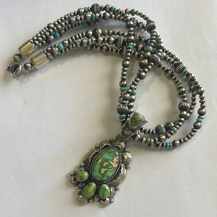 Beautiful Navajo Sterling Silver3 Strand Beaded Turquoise Necklace With Pendant Signed Gilbert Tom