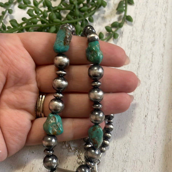 Beautiful Navajo Sterling Silver Beaded Turquoise Necklace With Pendant Signed Ella Peter - Culture Kraze Marketplace.com