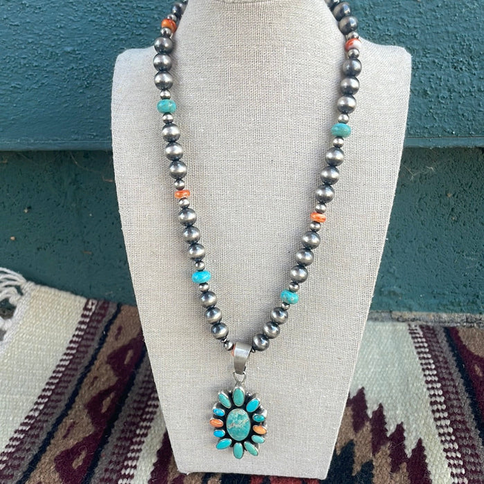 Beautiful Navajo Sterling Silver, Spiny & Turquoise Necklace Signed Sheila Becenti