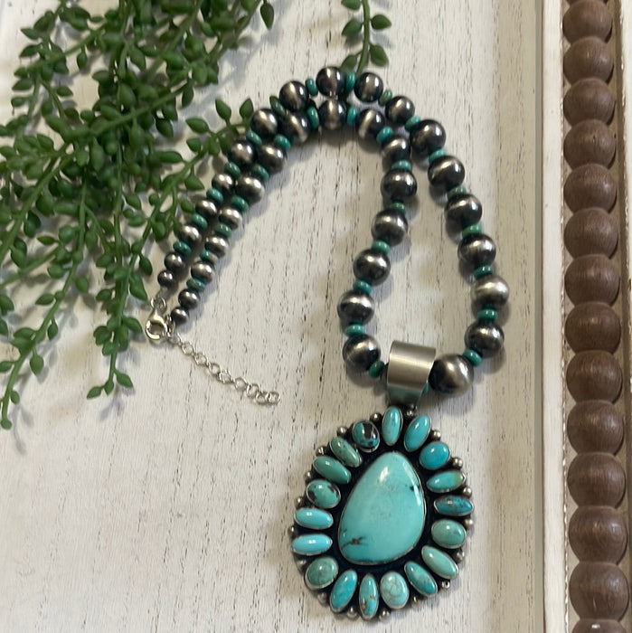 Beautiful Navajo Sterling Silver Beaded Turquoise Necklace With Pendant Signed Ella Peter - Culture Kraze Marketplace.com