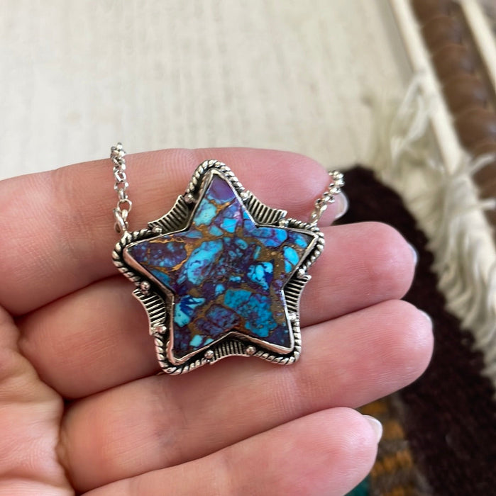 Handmade Sterling Silver Blue Mojave Star Necklace Signed Nizhoni