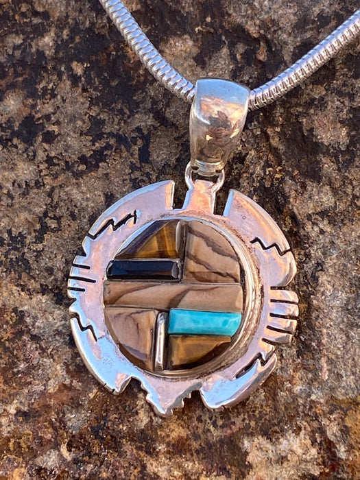 Navajo Rolled Inlay Pendant Necklace with Turquoise, Onyx, Coral, Petrified Wood