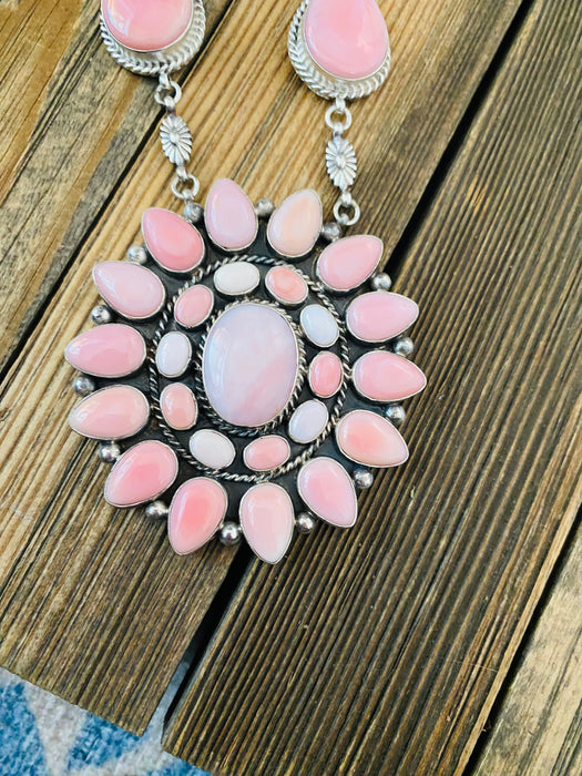 Navajo Pink Conch And Sterling Silver Necklace Earrings Set Signed Phyllis Smith