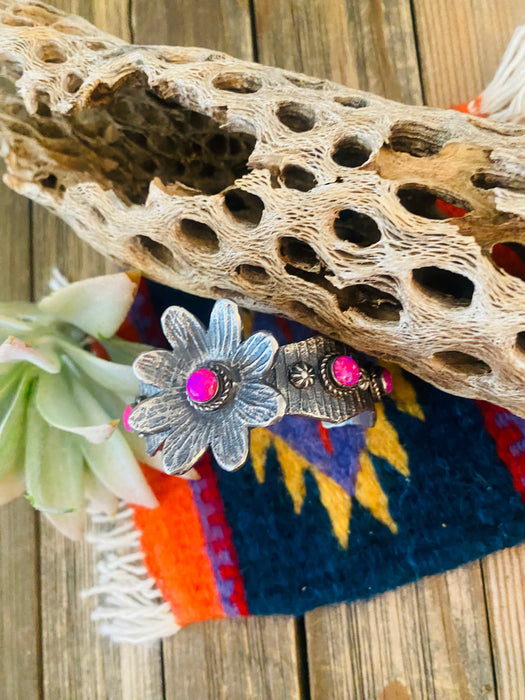 Navajo Pink Opal & Sterling Silver Flower Cuff Bracelet