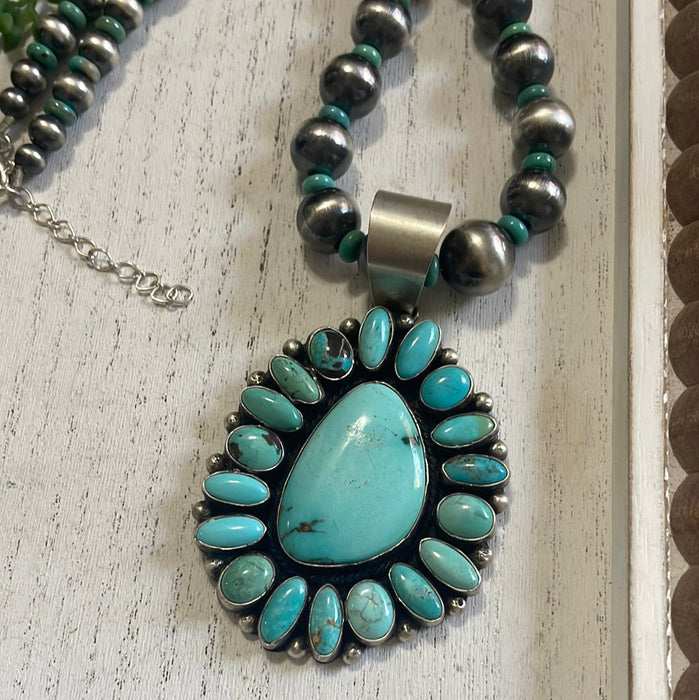 Beautiful Navajo Sterling Silver Beaded Turquoise Necklace With Pendant Signed Ella Peter - Culture Kraze Marketplace.com