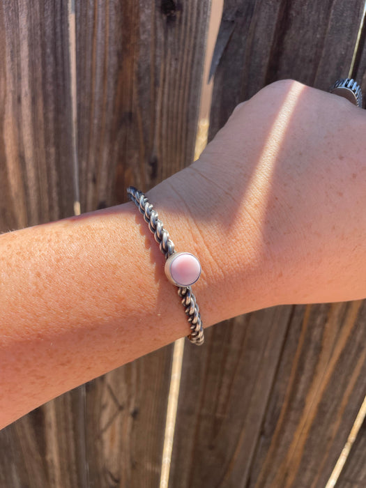 Navajo Circle Pink Conch & Sterling Silver Adjustable Cuff Bracelet