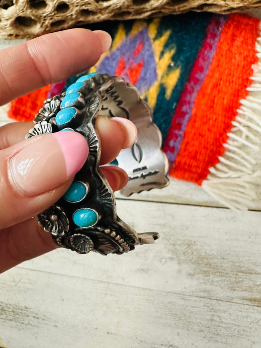 Navajo Turquoise & Sterling Silver Flower Cuff Bracelet