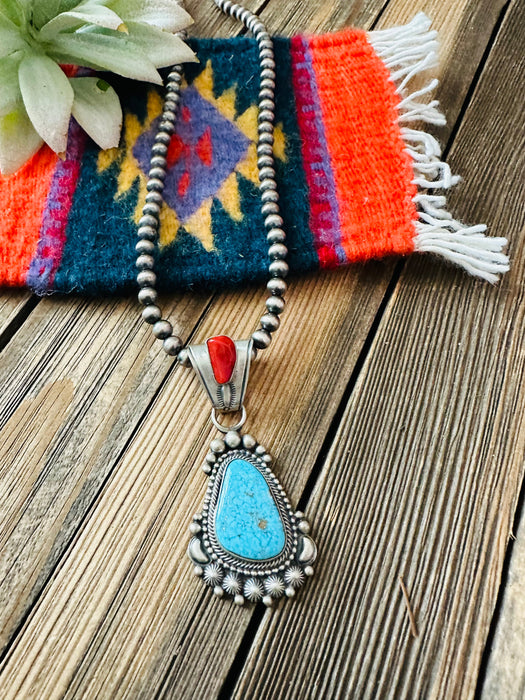 Navajo Sterling Silver, Turquoise & Coral Beaded Necklace