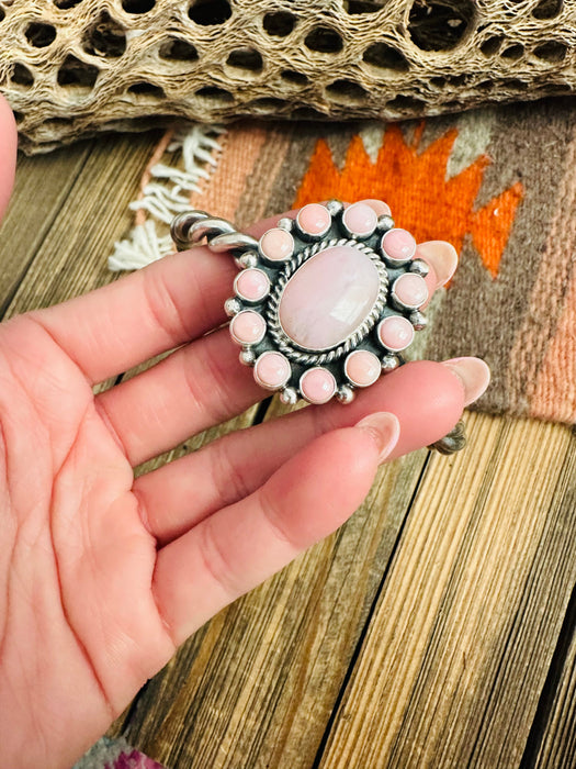 Navajo Queen Pink Conch Shell & Sterling Silver Cluster Cuff Bracelet