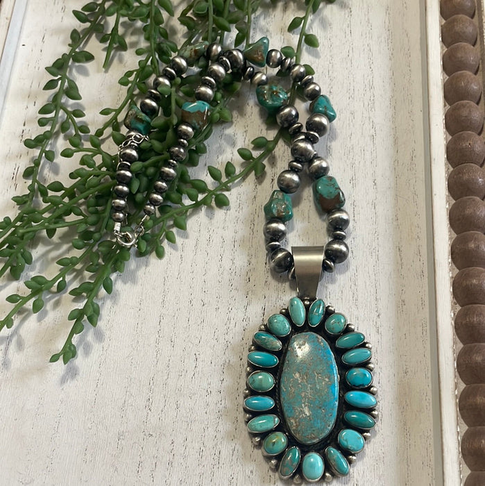 Beautiful Navajo Sterling Silver Beaded Turquoise Necklace With Pendant Signed Ella Peter - Culture Kraze Marketplace.com