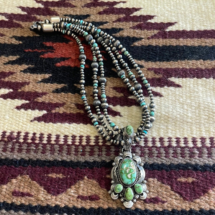 Beautiful Navajo Sterling Silver3 Strand Beaded Turquoise Necklace With Pendant Signed Gilbert Tom - Culture Kraze Marketplace.com