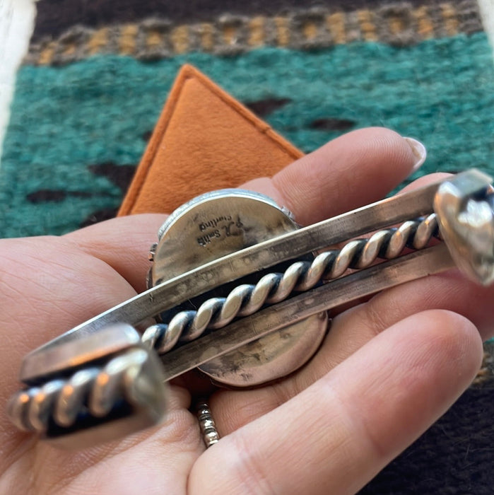 Beautiful Navajo White Buffalo & Sterling Silver Cuff Bracelet Signed