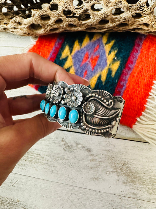 Navajo Turquoise & Sterling Silver Flower Cuff Bracelet