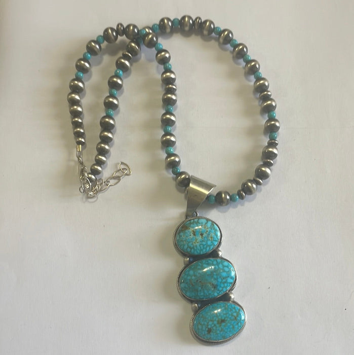 Beautiful Navajo Sterling Silver Beaded Turquoise Necklace With Pendant Signed Kathleen G - Culture Kraze Marketplace.com