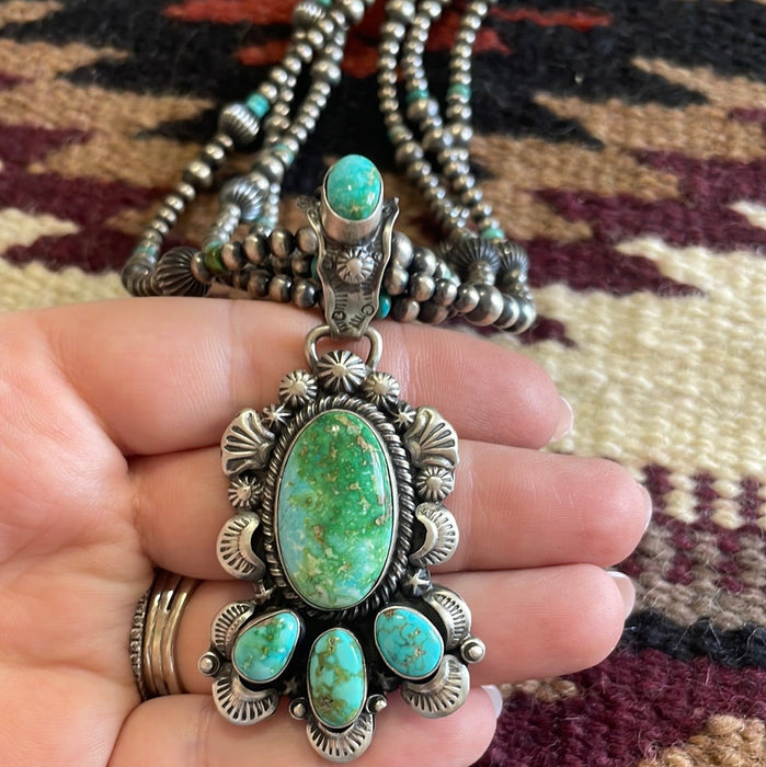 Beautiful Navajo Sterling Silver3 Strand Beaded Turquoise Necklace With Pendant Signed Gilbert Tom - Culture Kraze Marketplace.com