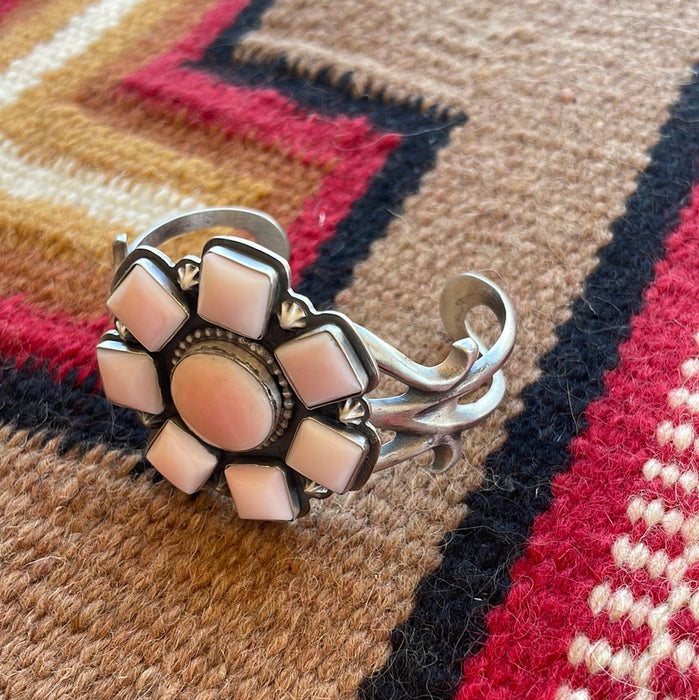 Navajo Queen Pink Conch Shell & Sterling Silver Cluster Cuff Bracelet Signed F.L Begay