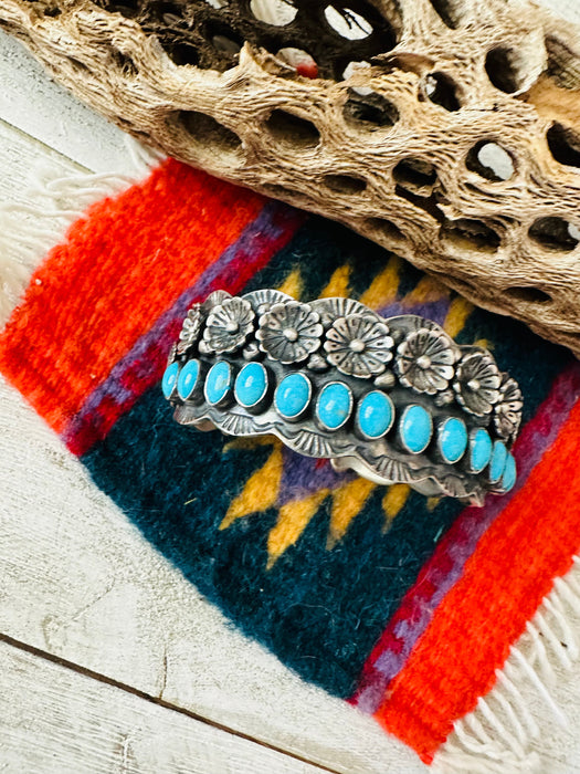 Navajo Turquoise & Sterling Silver Flower Cuff Bracelet