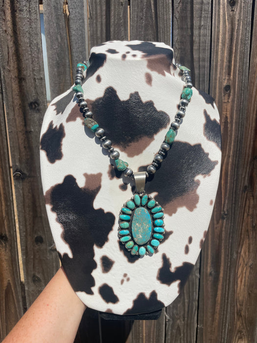 Beautiful Navajo Sterling Silver Beaded Turquoise Necklace With Pendant Signed Ella Peter - Culture Kraze Marketplace.com