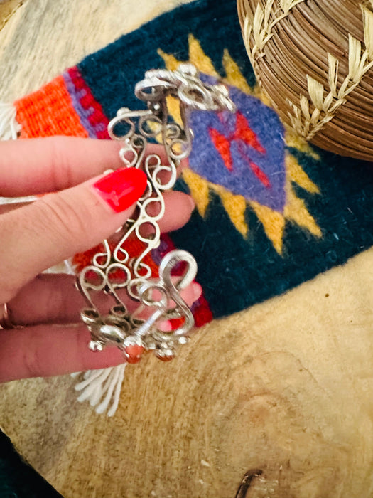 Navajo Coral & Sterling Silver Cuff Bracelet Signed