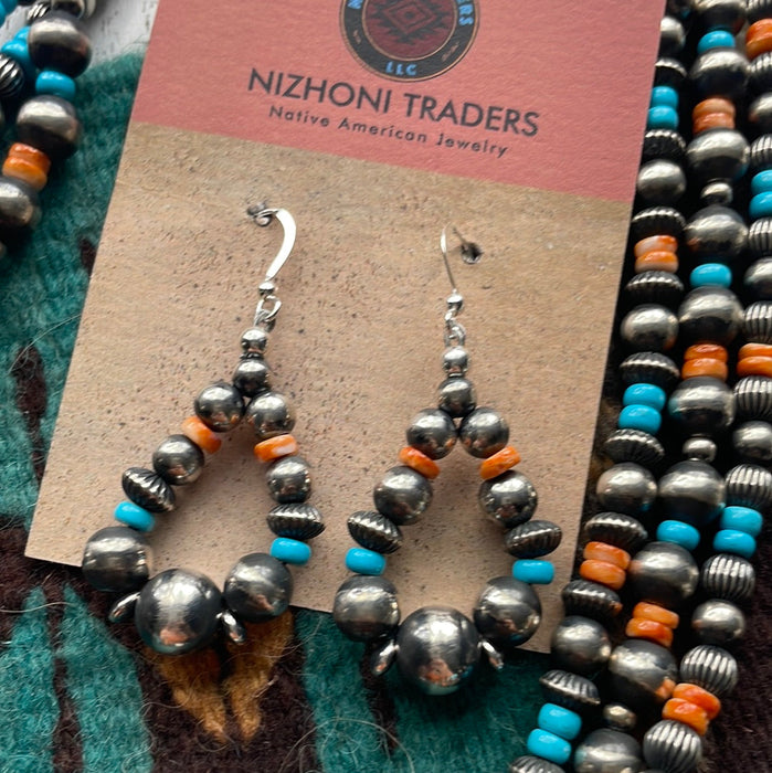 Navajo Beaded Turquoise, Spiny, & Sterling Silver Necklace Earrings Set Signed - Culture Kraze Marketplace.com