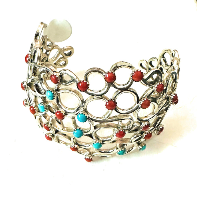 Navajo Turquoise, Coral & Sterling Silver Cuff Bracelet Signed