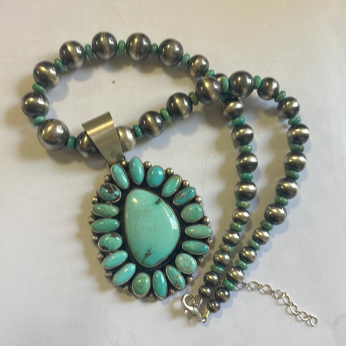 Beautiful Navajo Sterling Silver Beaded Turquoise Necklace With Pendant Signed Ella Peter - Culture Kraze Marketplace.com