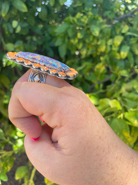 Navajo Orange Spiny, Purple Dream & Sterling Silver Adjustable Ring Signed P Yazzie - Culture Kraze Marketplace.com