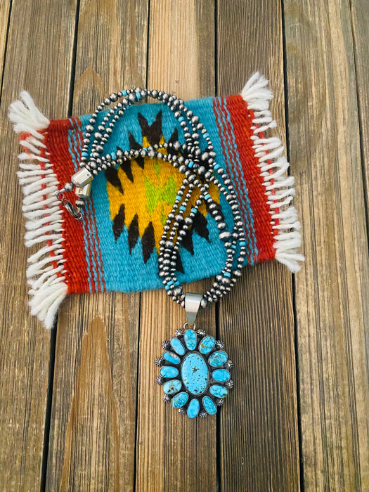 Navajo Sterling Silver & Kingman Turquoise Beaded Necklace